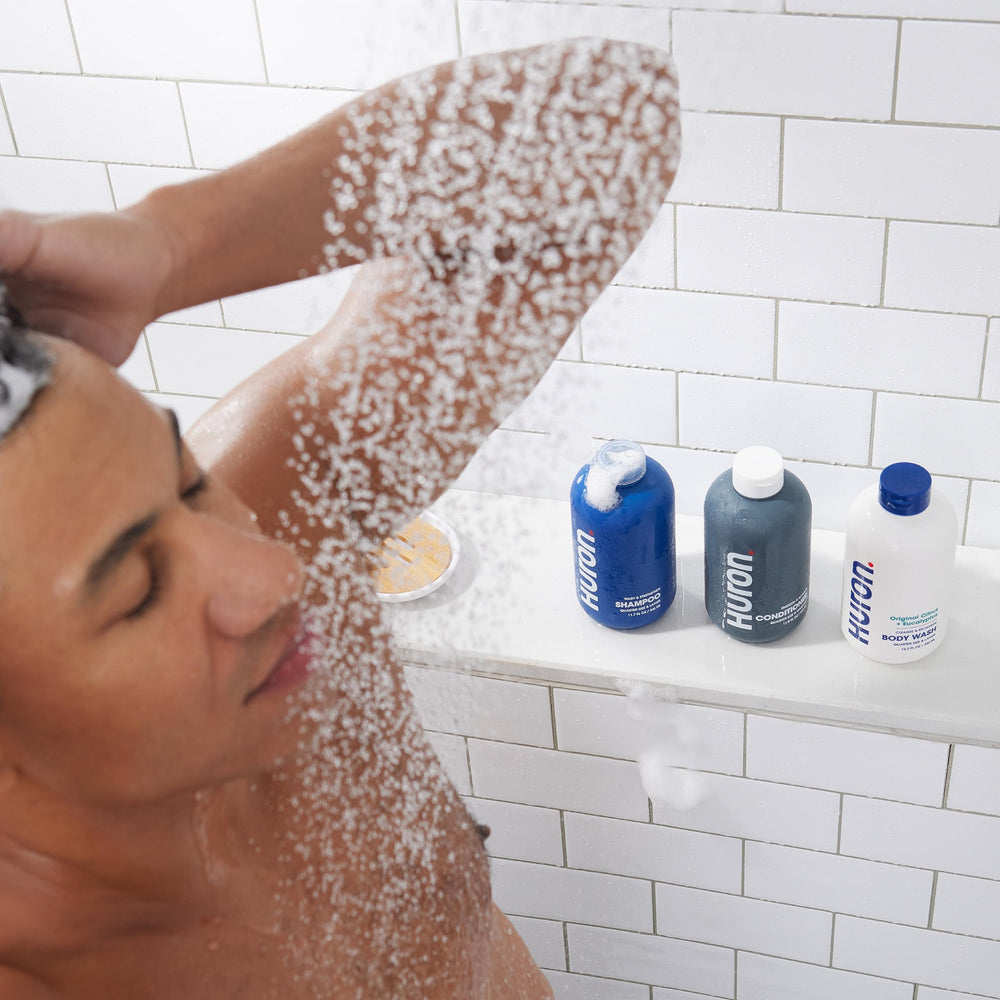 Huron Shower Kit USA-made packaging signals clean ingredients and recyclability.
