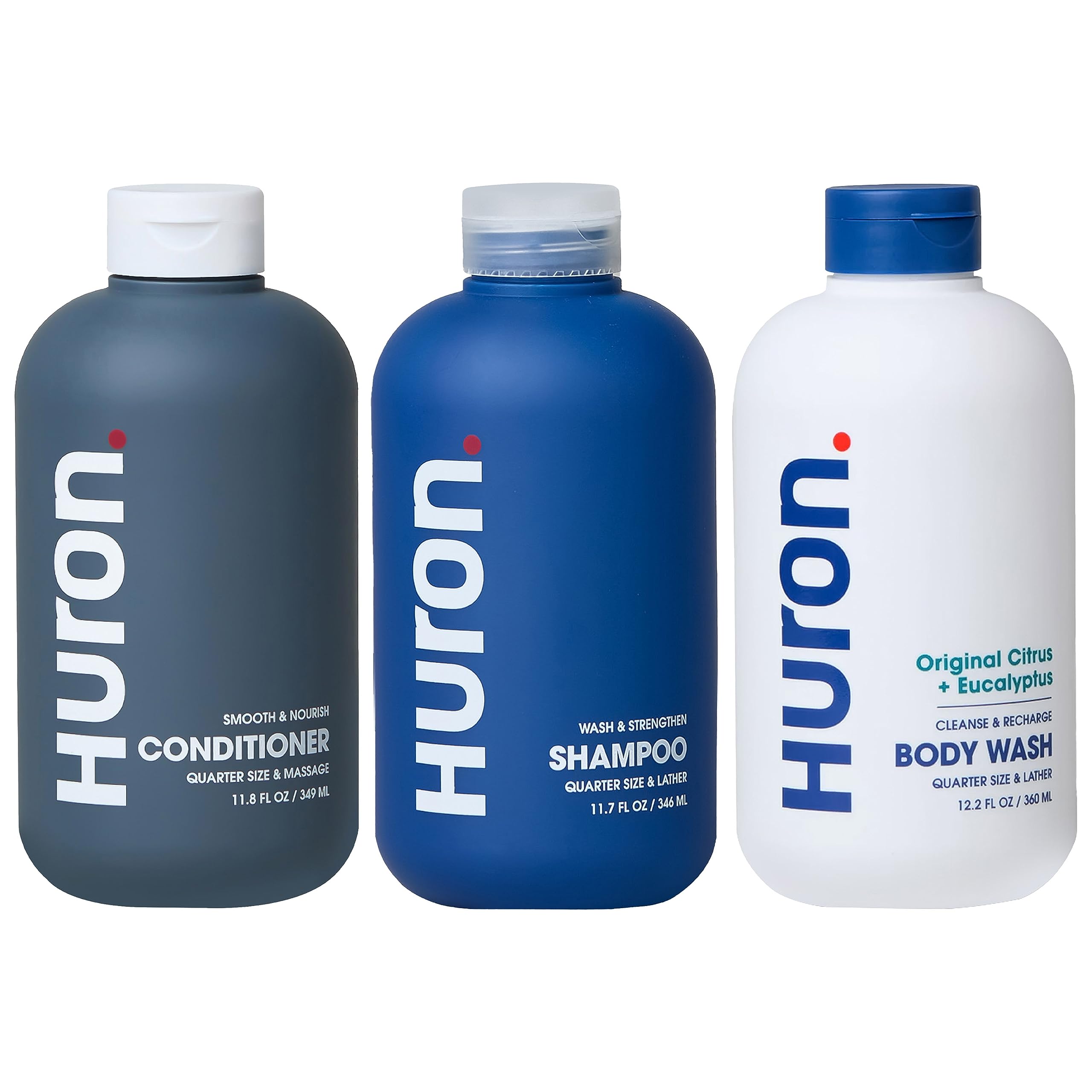 Huron Shower Kit shampoo bottle shows hydrating formula for refreshed hair.