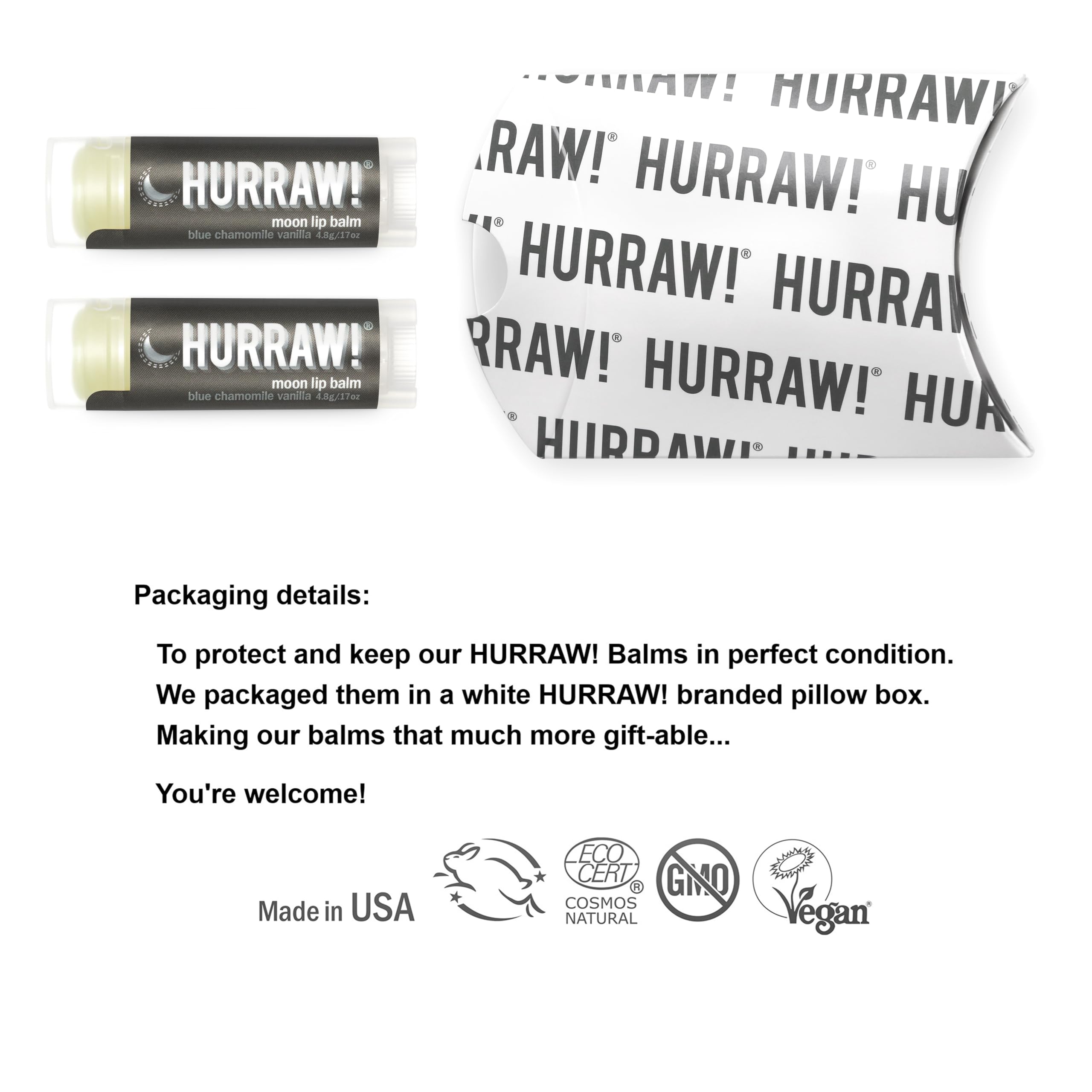 Hurraw Moon Night blue chamomile ingredient highlights soothing lip care during nightly use.
