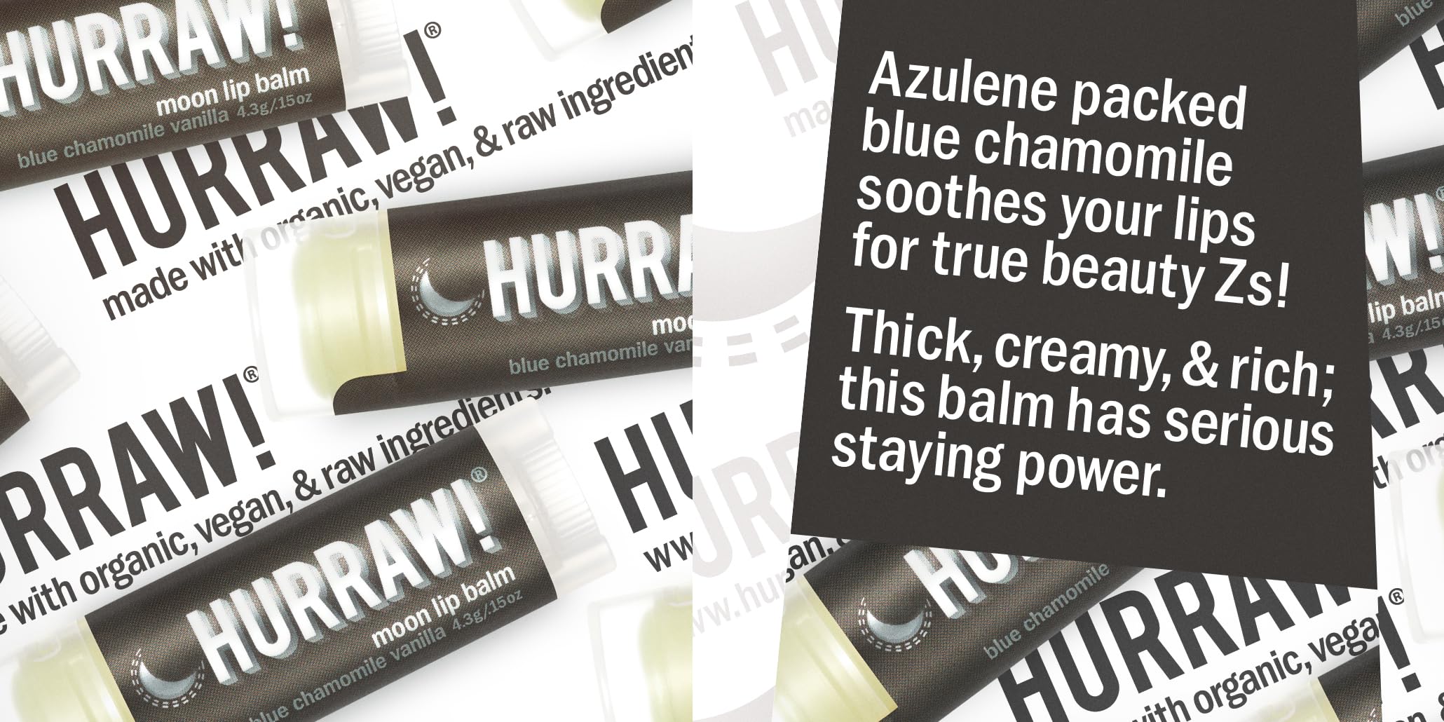 Hurraw Moon Night vanilla aroma emphasizes calming night-time lip balm experience.
