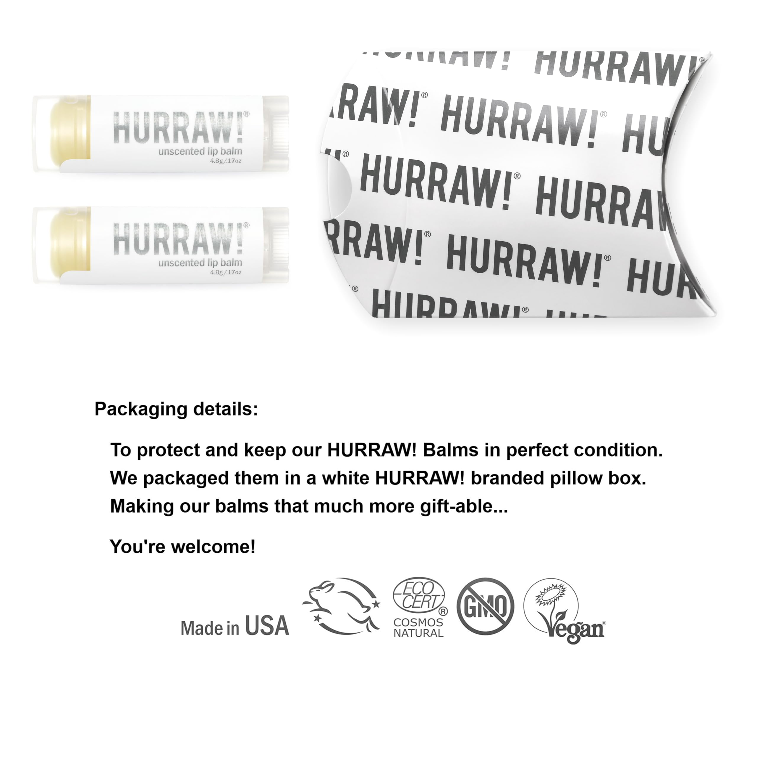Hurraw! unscented lip balm tubes ready for daily use