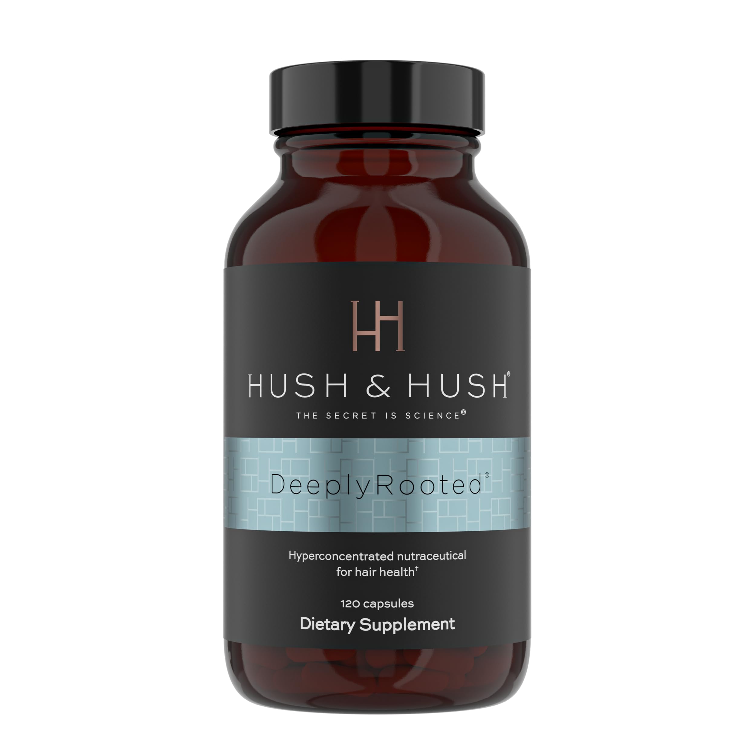 Hush & Hush DeeplyRooted bottle closeup showing premium hair growth support.