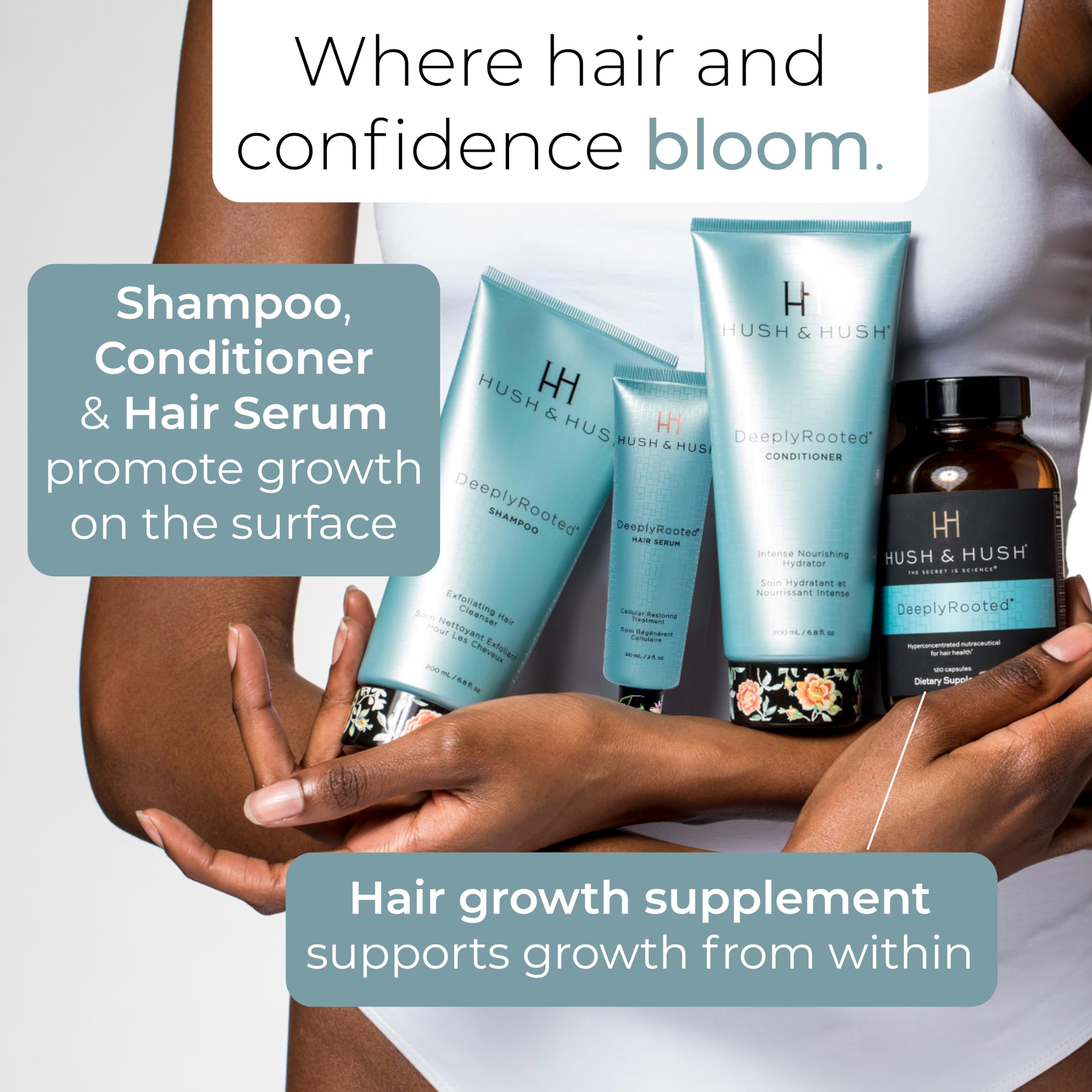Hush & Hush DeeplyRooted hair volume shot showcases added shine and fullness.