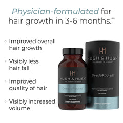 Hush & Hush DeeplyRooted label detail lists collagen and biotin ingredients for hair health.