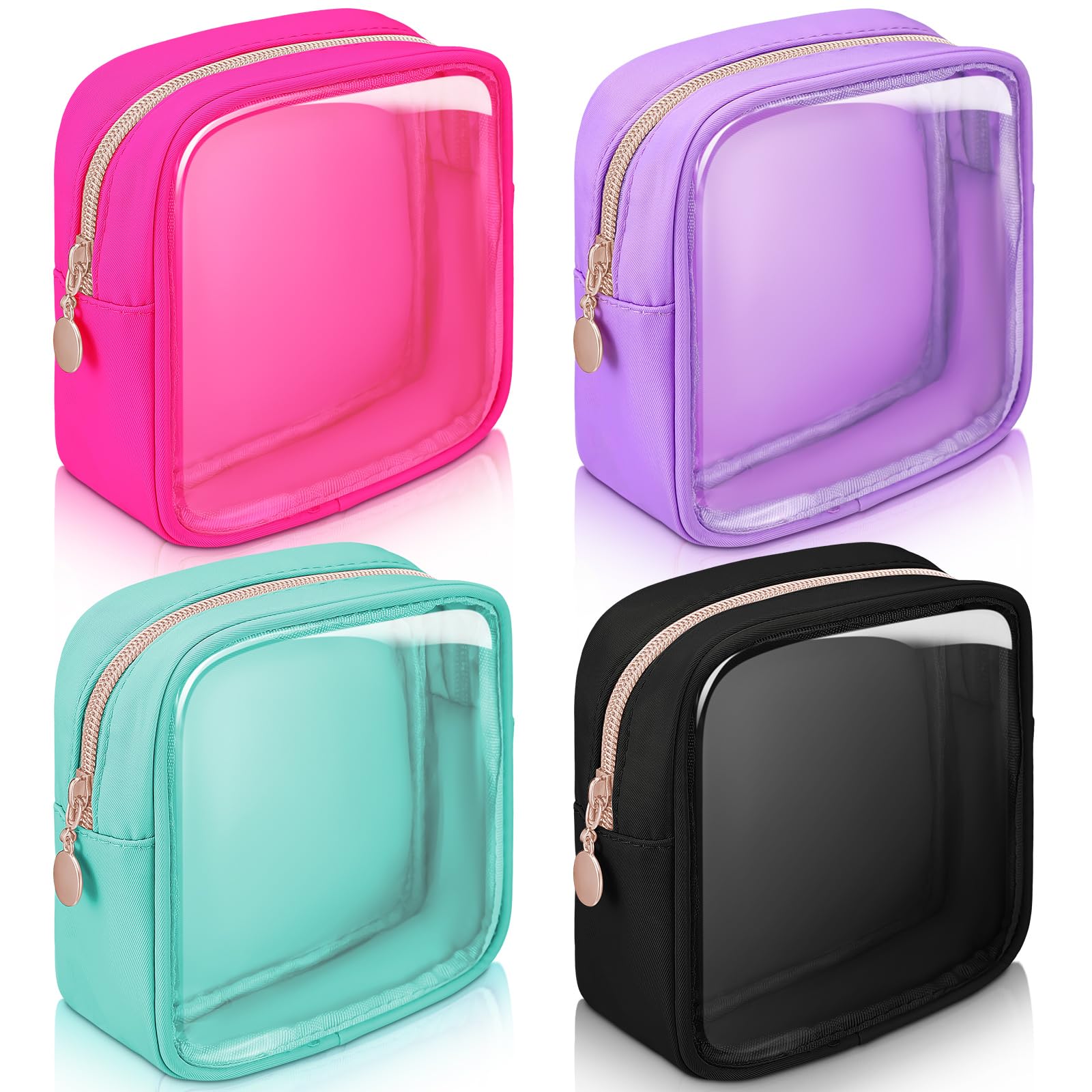 Hushee clear nylon makeup bag in black with gold zipper for travel organization.