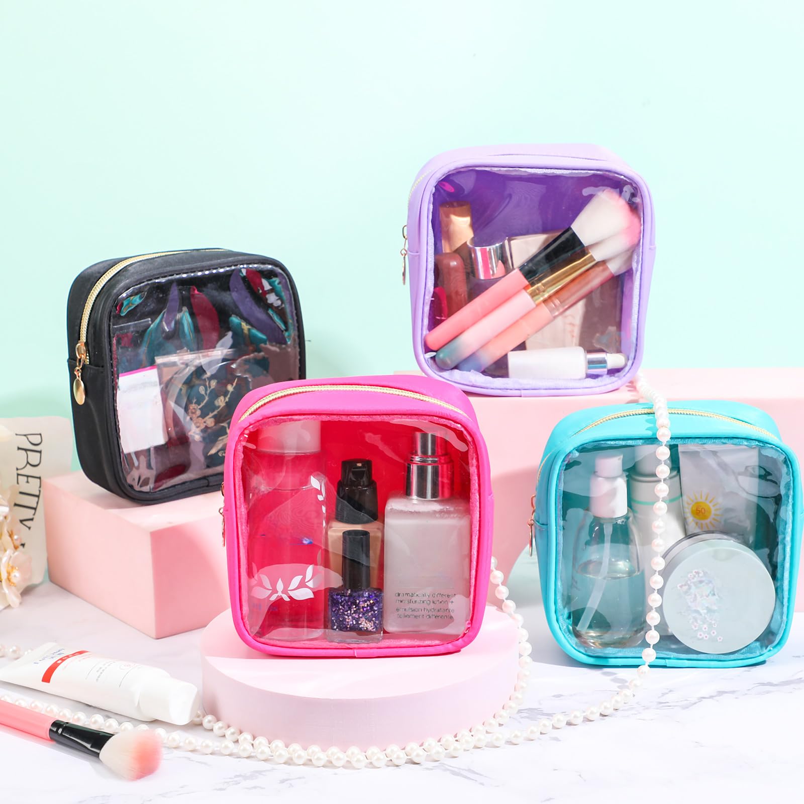 Hushee hot pink makeup bag open displays easy-access cosmetic storage.