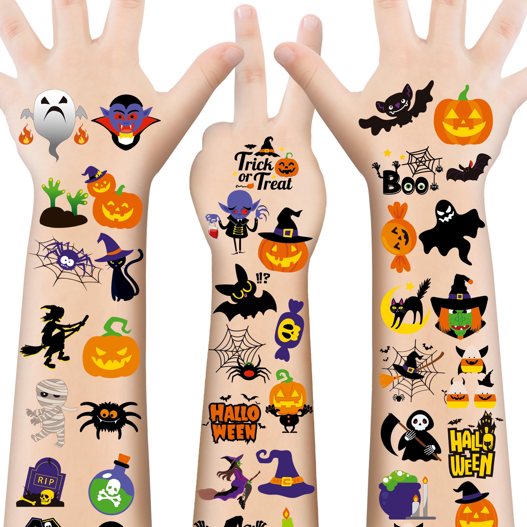 Huskein four-sheet Halloween tattoo set with spooky designs for kids' party favors.
