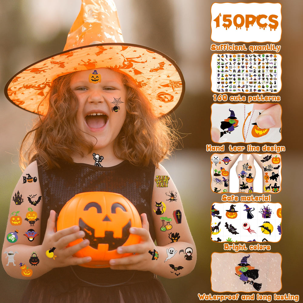 Huskein 160-design Halloween tattoo pack for costumes and trick-or-treat fun.