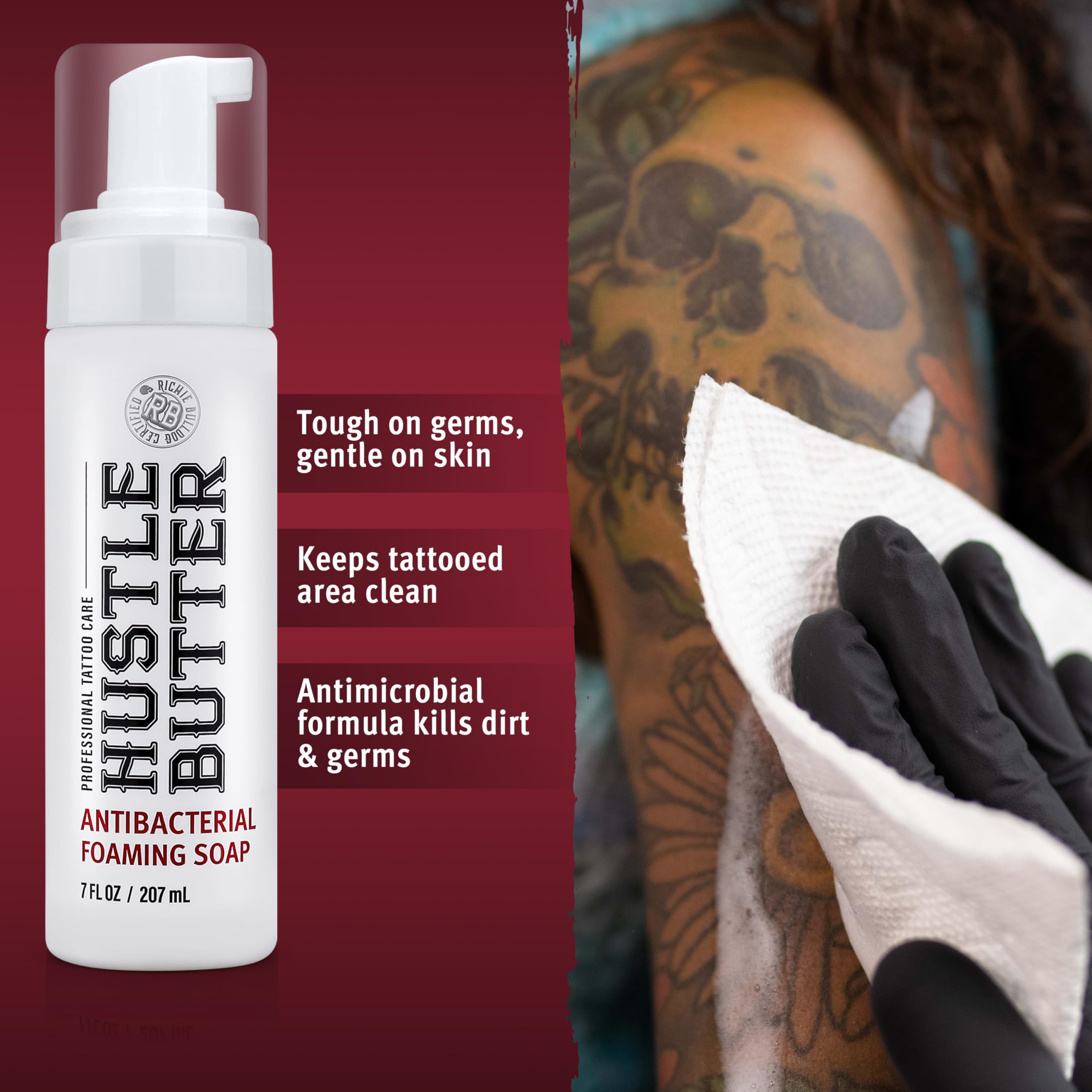 Hustle Bubbles fresh tattoo cleanse demonstrates safe cleansing during healing.