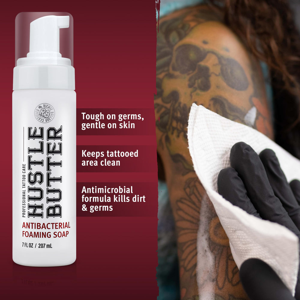 Hustle Bubbles fresh tattoo cleanse demonstrates safe cleansing during healing.