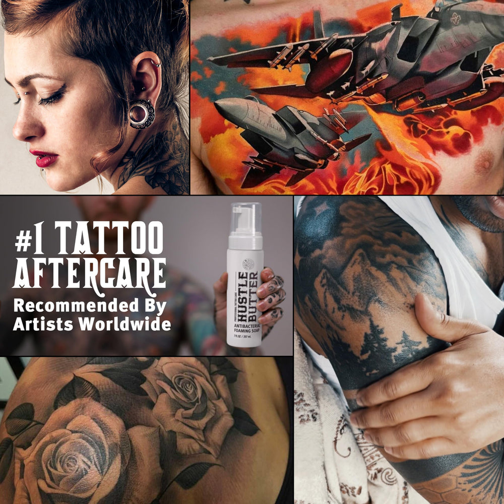 Hustle Bubbles studio use shows professional tattoo cleansing in a busy studio environment.