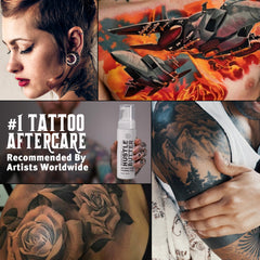 Hustle Bubbles studio use shows professional tattoo cleansing in a busy studio environment.