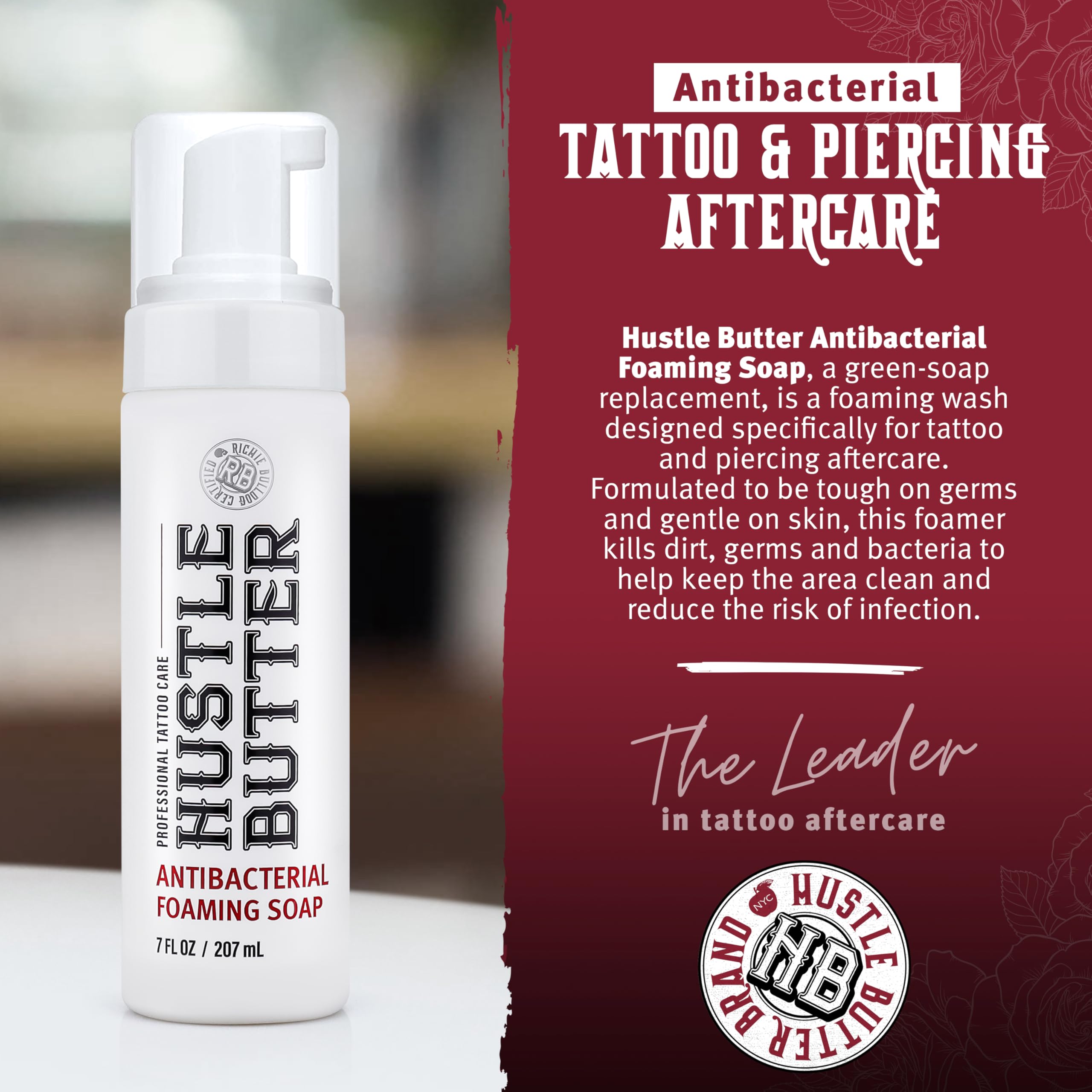 Hustle Bubbles foamy application shows quick lather for in-process tattoo care.