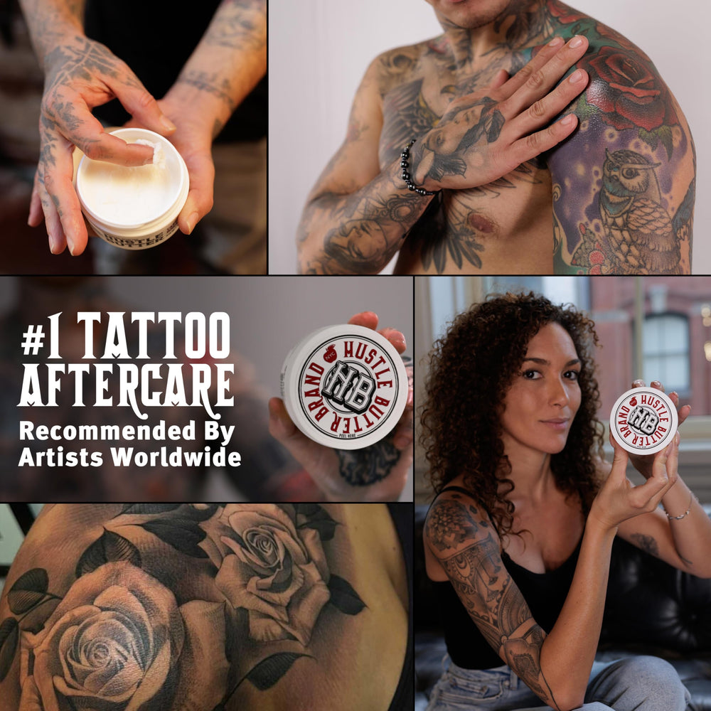 Hustle Butter Deluxe cruelty-free branding image reinforces ethical tattoo skincare.