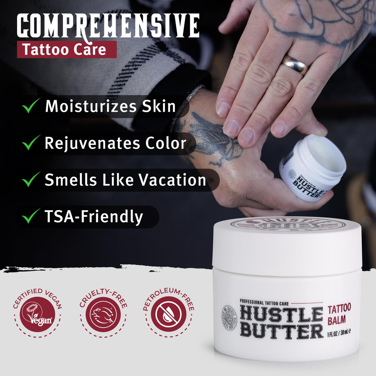 Hustle Butter Deluxe new tattoo healing close-up showing hydration and comfort.