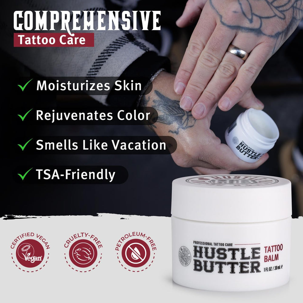 Hustle Butter Deluxe new tattoo healing close-up showing hydration and comfort.