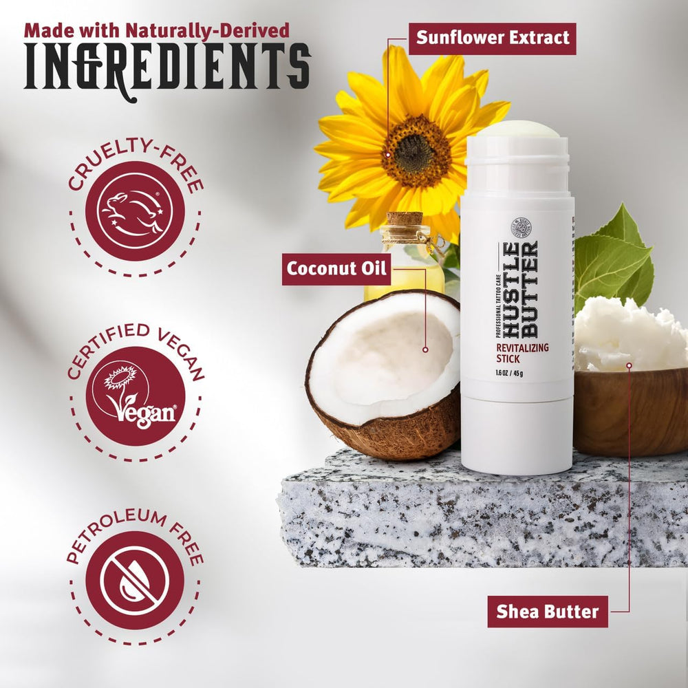 Hustle Butter Deluxe shea coconut oil hydration for tattoo skin.