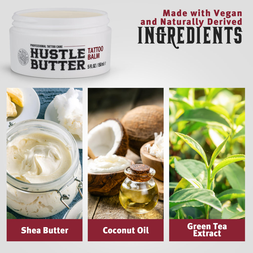 Hustle Butter Deluxe tattoo-aftercare routine image suggests ongoing protection post-session.