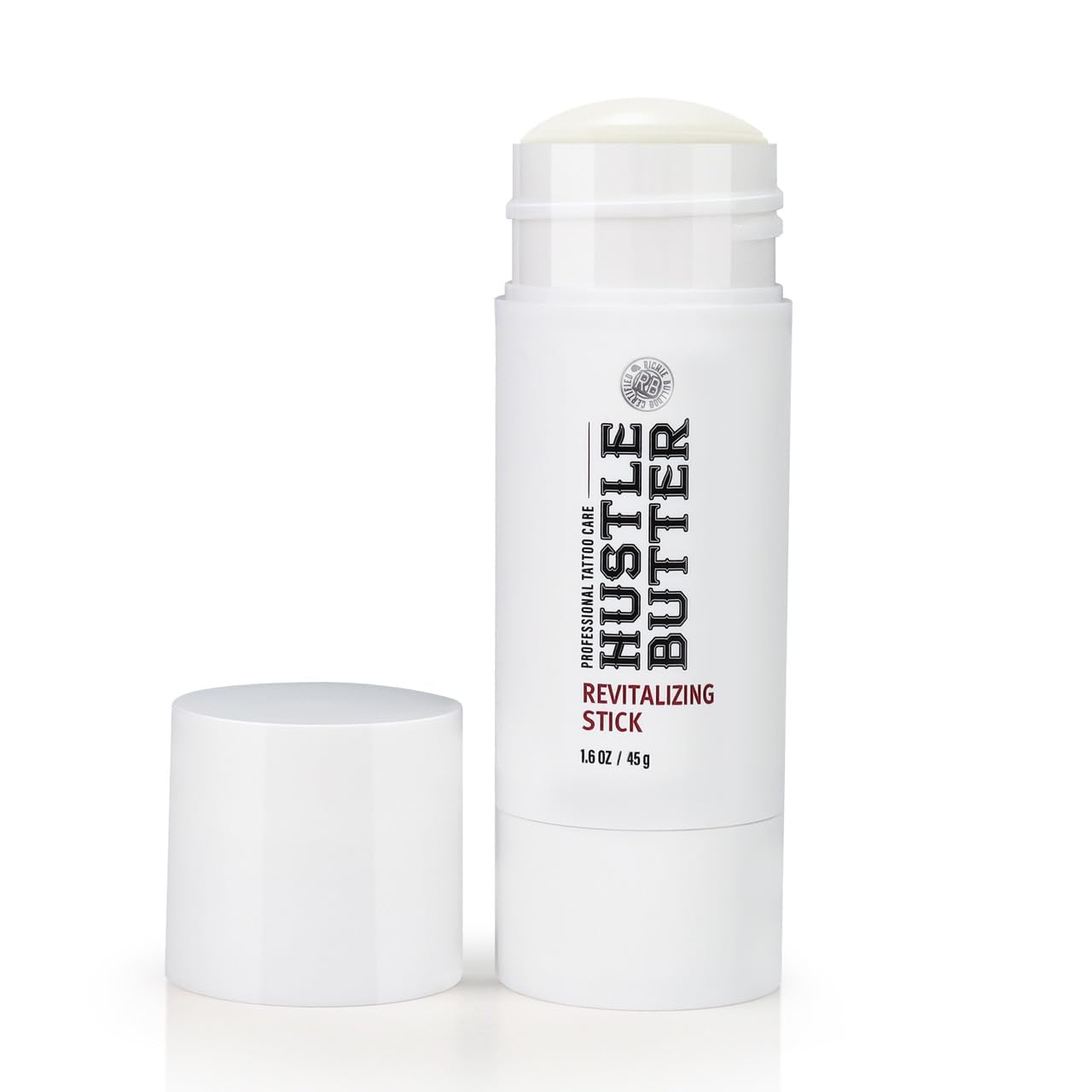 Hustle Butter Deluxe tattoo aftercare stick packaging for travel-friendly, mess-free use.