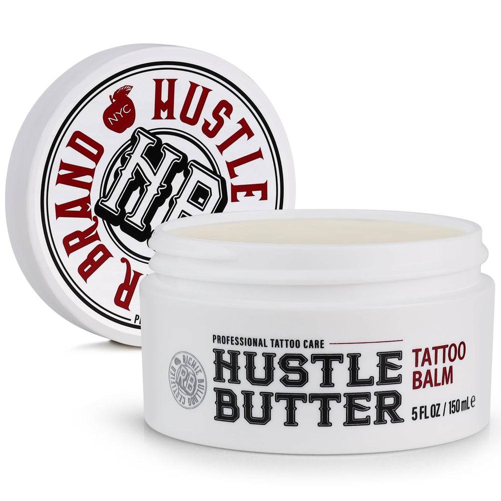 Hustle Butter Deluxe tattoo balm 5oz tube for aftercare and moisturized healing.