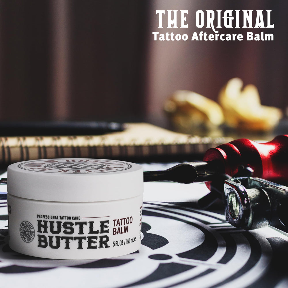 Coconut oil in Hustle Butter Deluxe nourishes fresh ink and surrounding skin.