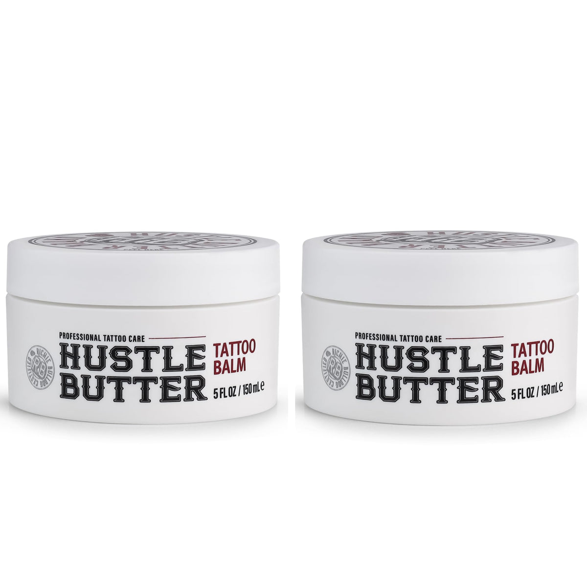 Hustle Butter Deluxe tattoo balm jar close-up highlights vegan formula for aftercare.
