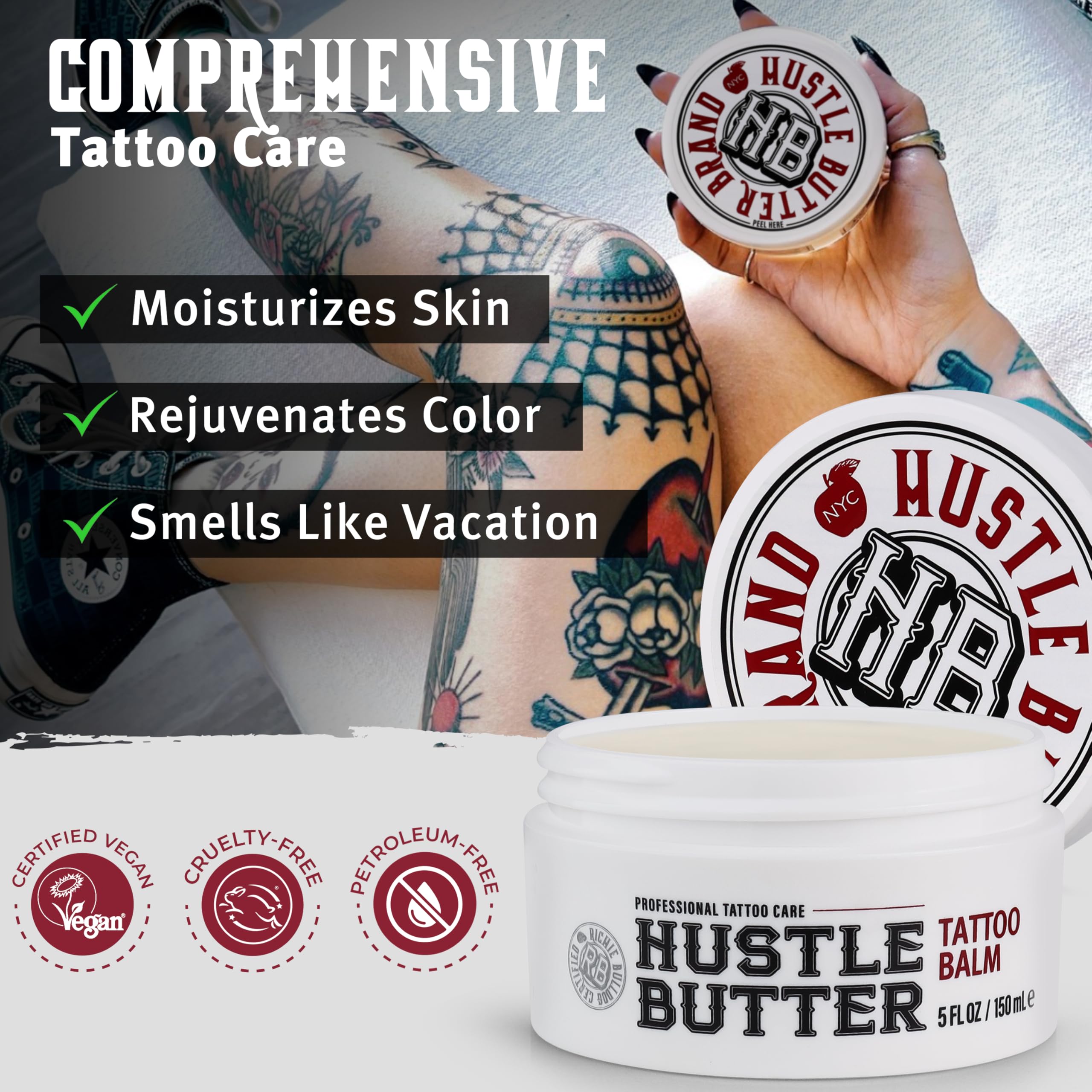 Hustle Butter Deluxe tattoo balm tin ready for pre- and post-session skin nourishment