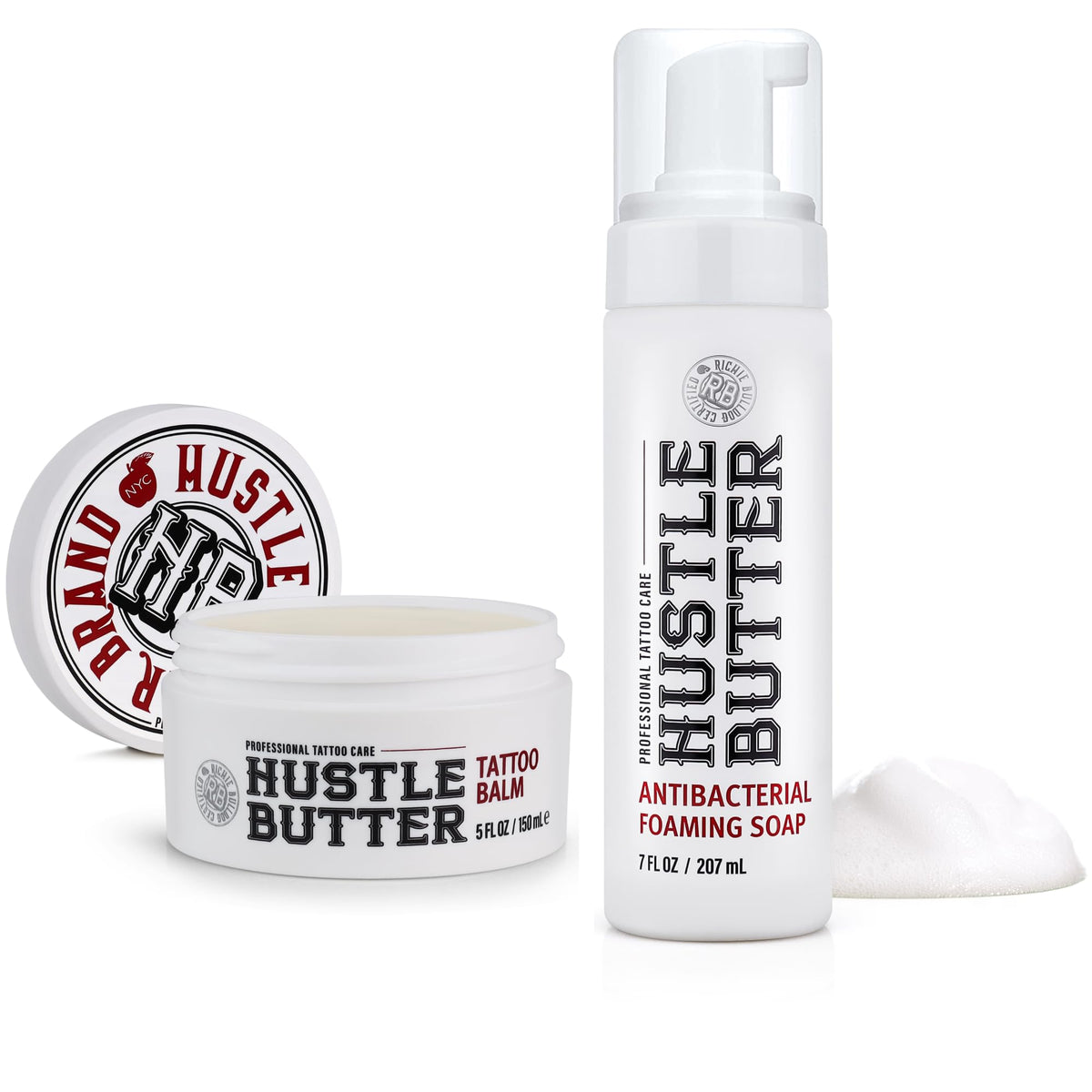 Hustle Butter Deluxe tattoo wash bottle showing antibacterial formula for in-session care