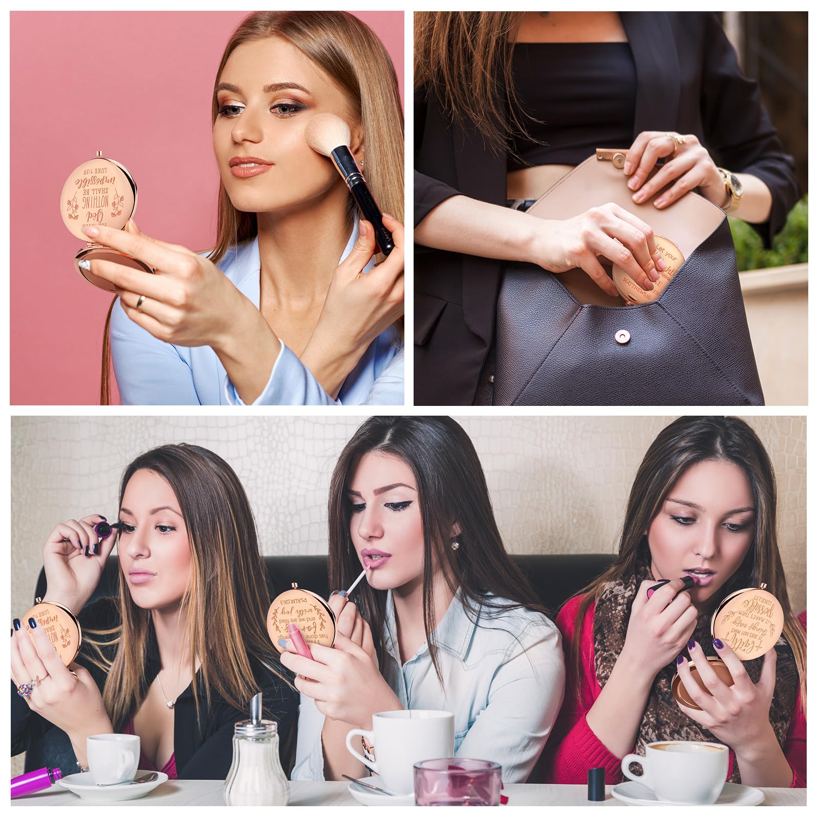 Huwena rose gold Christian compact mirror pattern verse uplifting reminder on the go