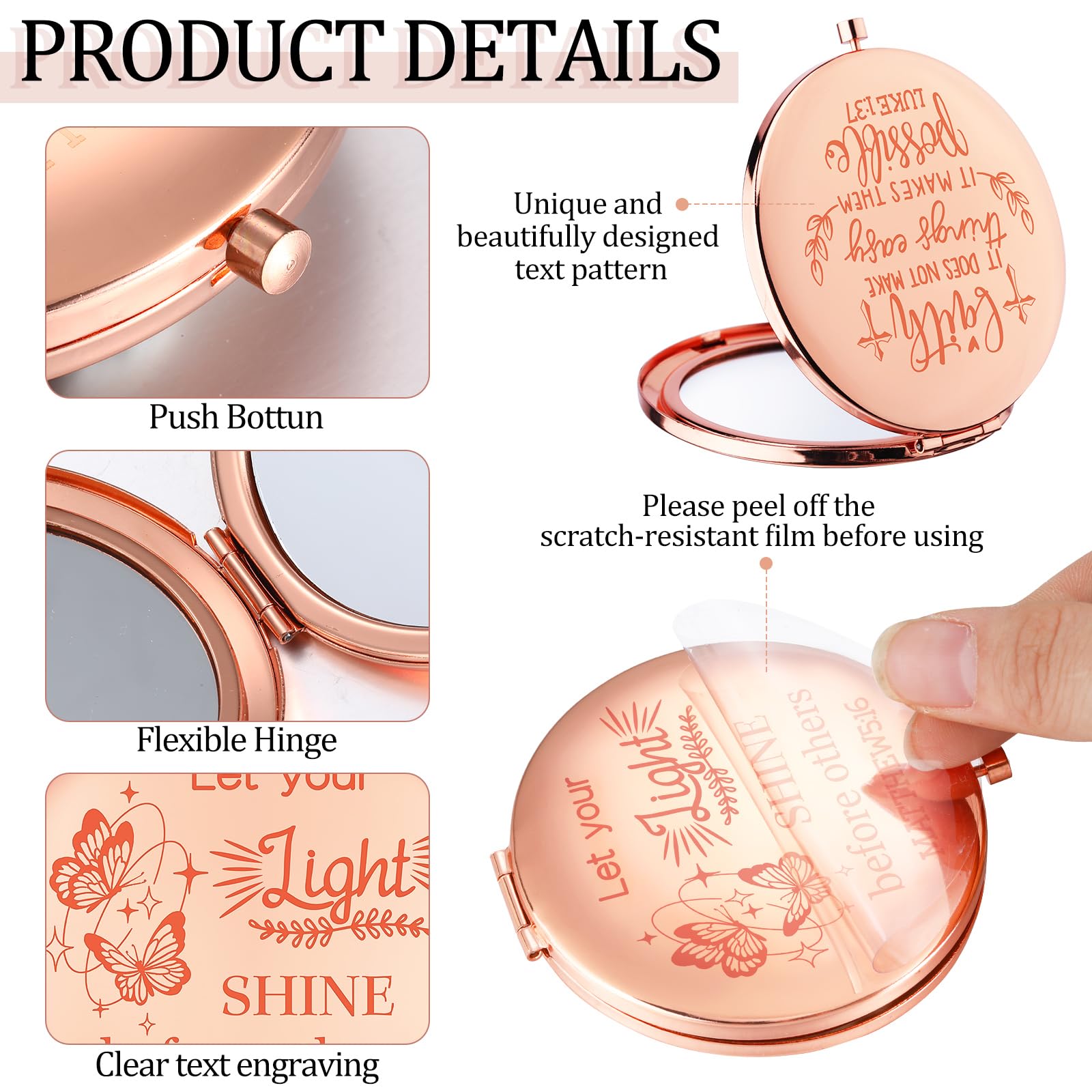 Huwena rose gold Christian compact mirror style 3 easy purse companion