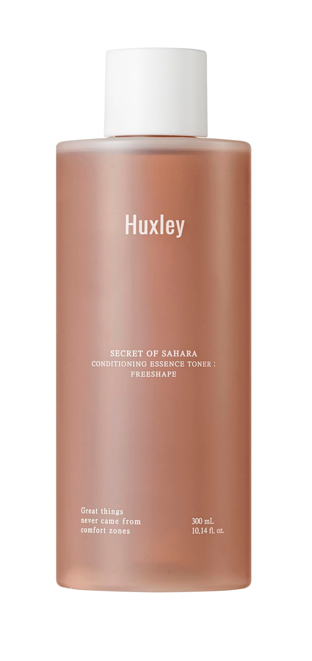 Huxley Conditioning Essence Toner bottle with cactus oil promotes calm, hydrated skin.