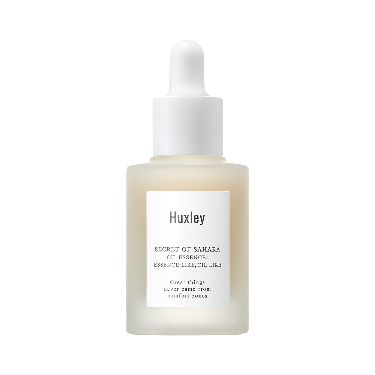 Huxley Secret of Sahara Oil Essence bottle close-up highlighting hydration and glow.
