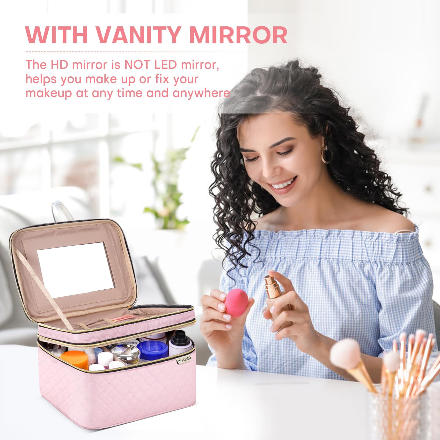 HXLGMD large makeup bag with mirror open showing roomy interior for quick access.