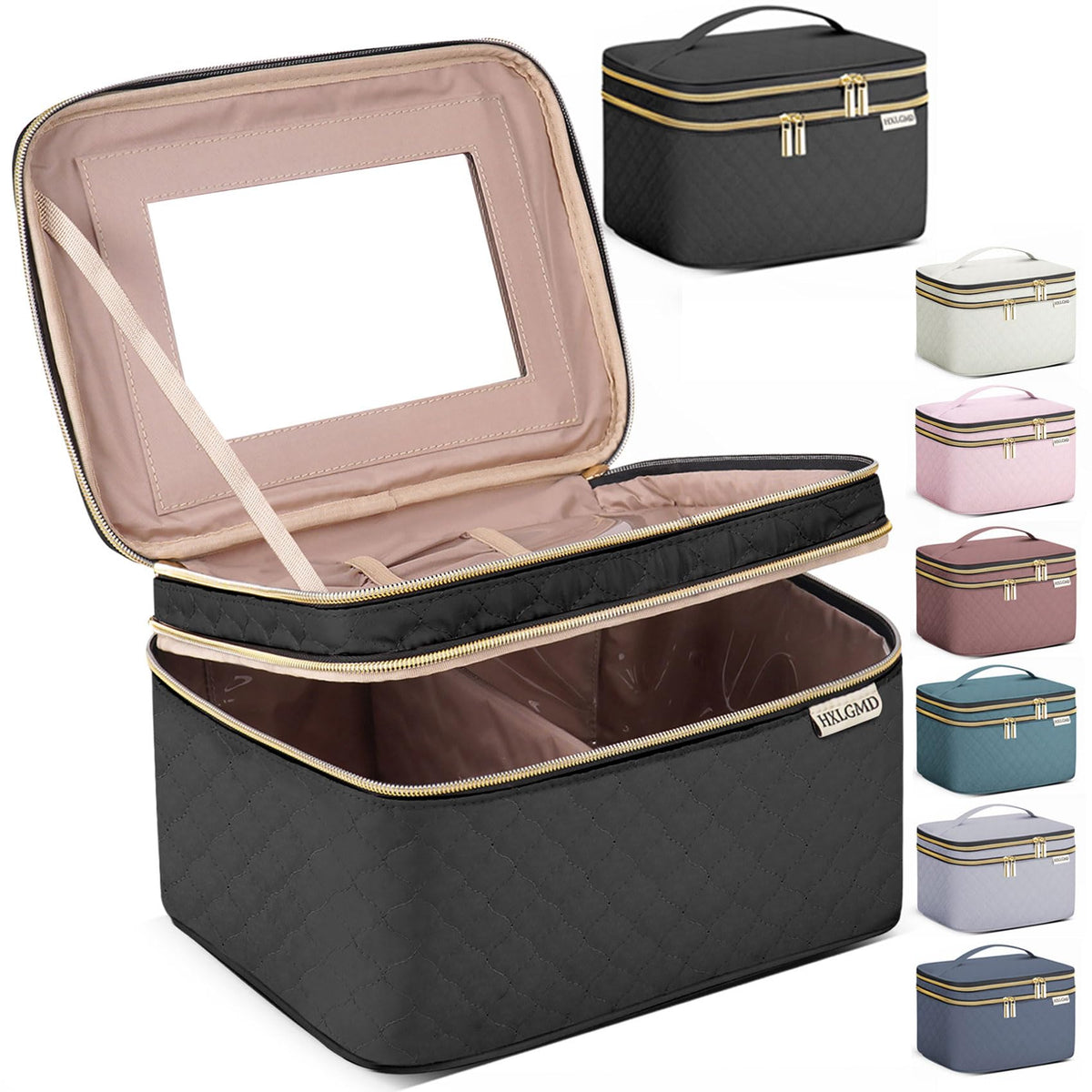 HXLGMD large makeup bag with mirror for on the go touch ups and organized storage