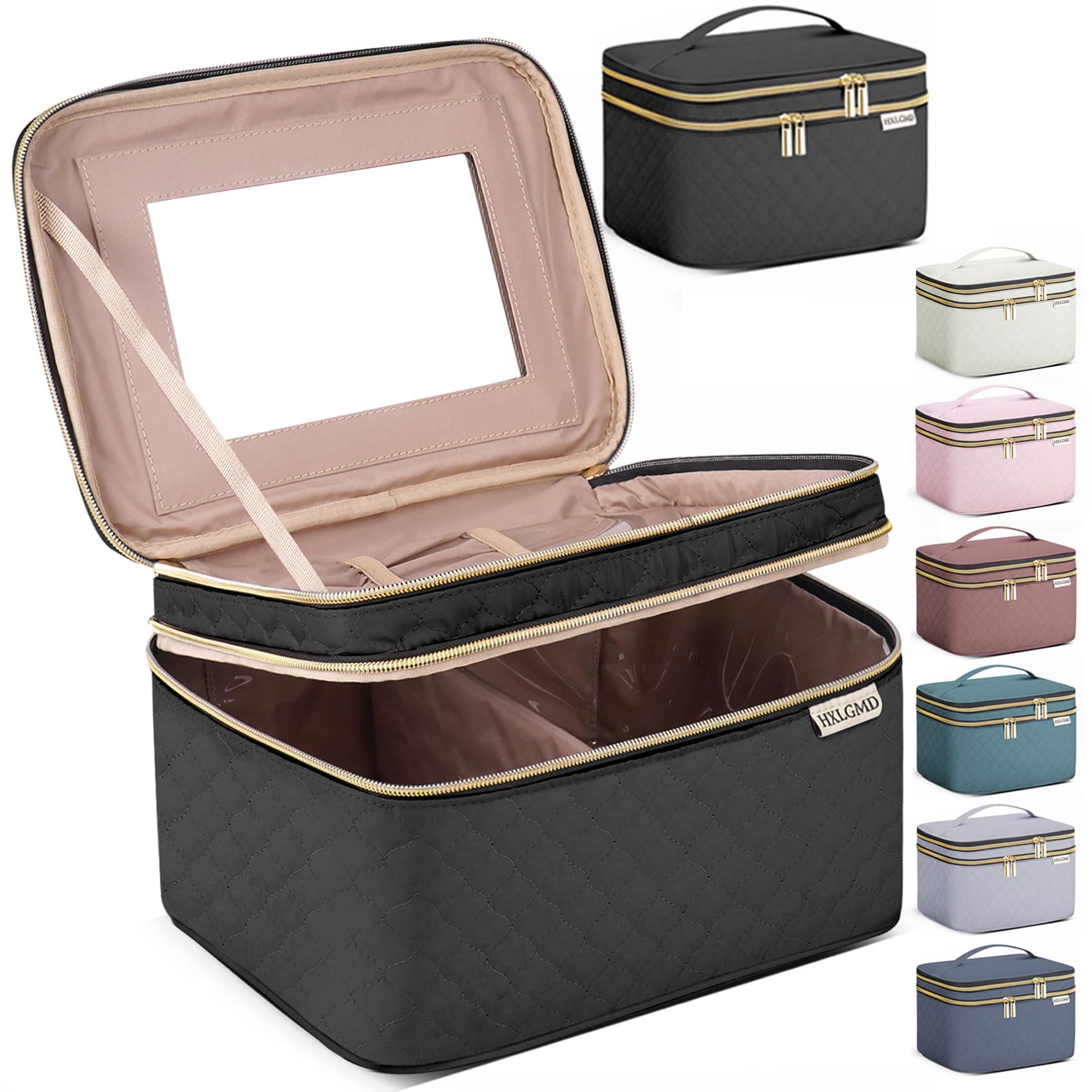 HXLGMD large makeup bag with mirror for on the go touch ups and organized storage