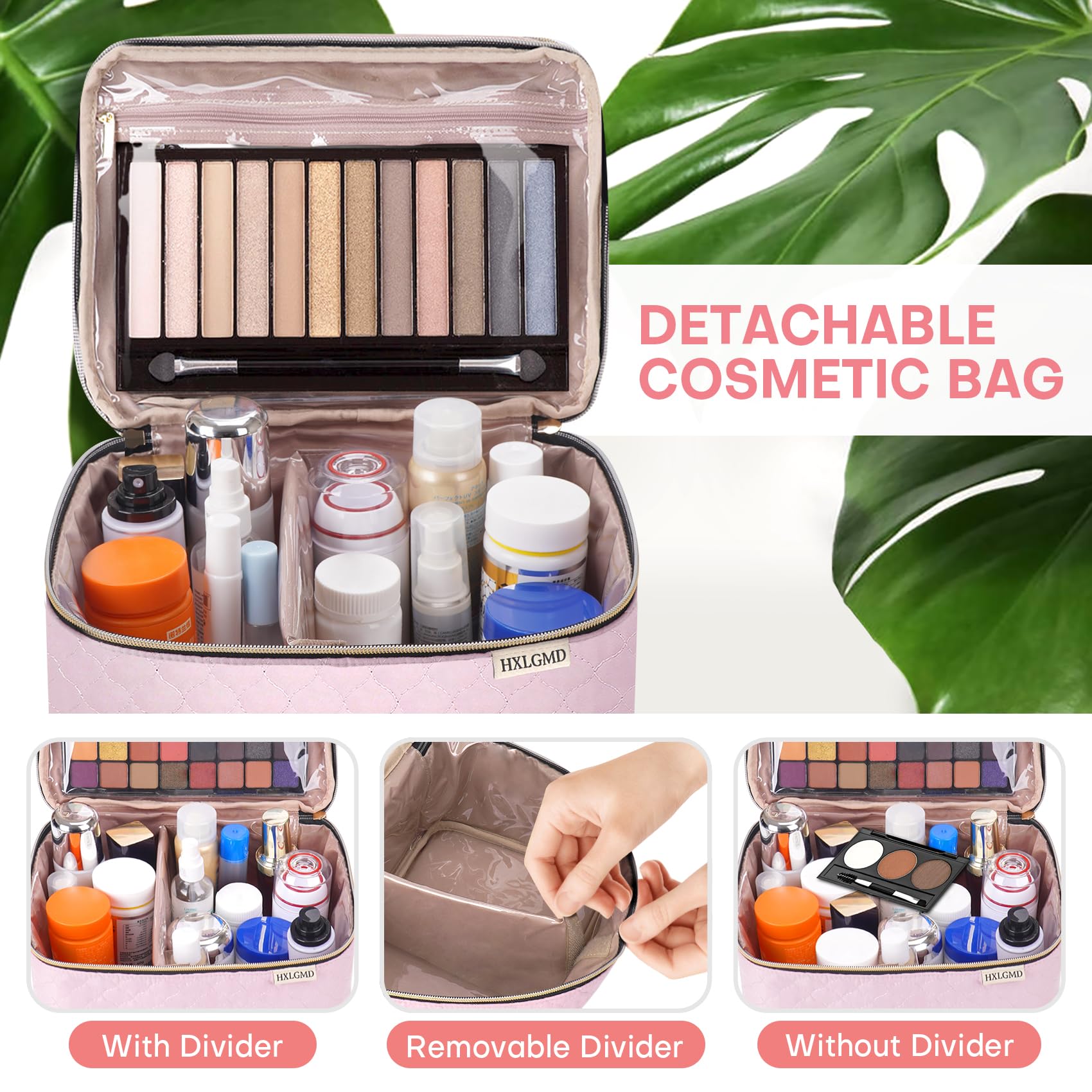 HXLGMD makeup bag brush slot divider keeps brushes tidy during travel.
