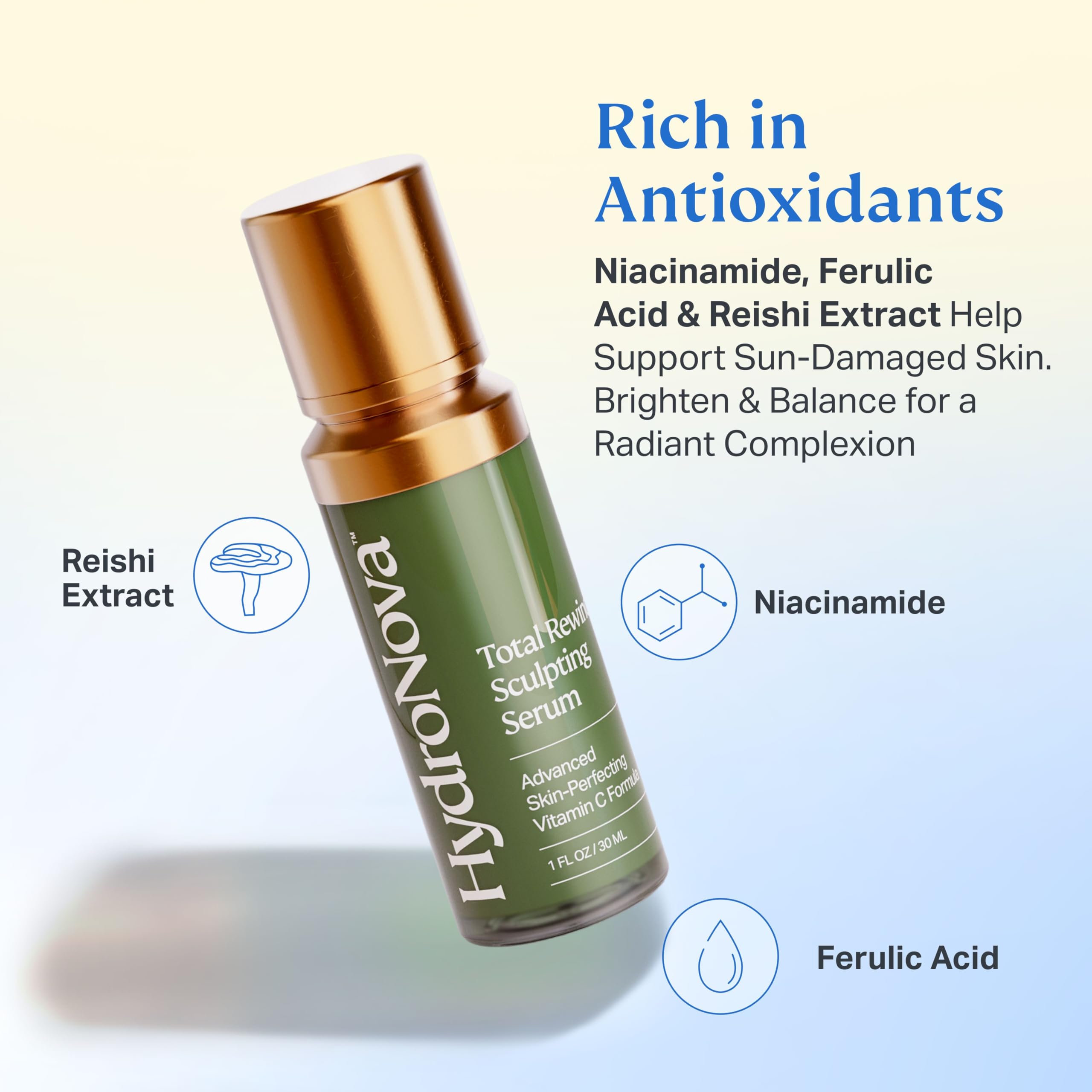 HYDRONOVA Ferulic acid close-up highlights antioxidant support for glow