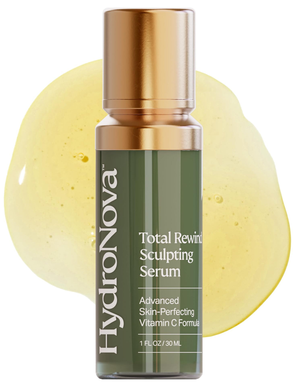HYDRONOVA Total Rewind Serum bottle shows sleek design for radiant daytime brightening