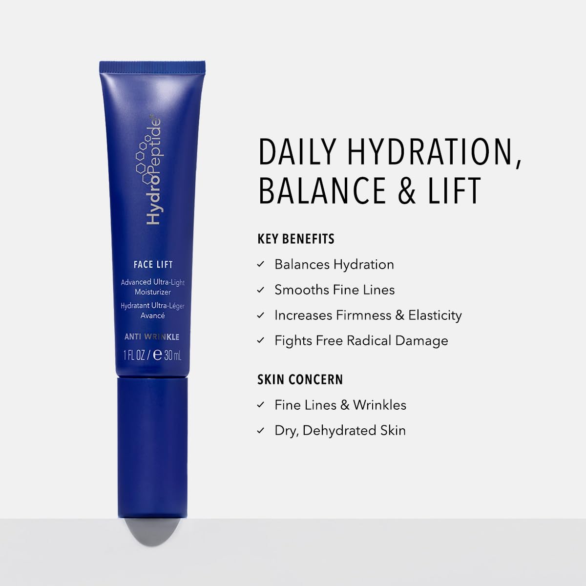 HydroPeptide Face Lift tube close-up shows fast absorption and a smooth, breathable finish.