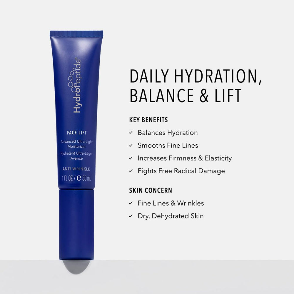 HydroPeptide Face Lift tube close-up shows fast absorption and a smooth, breathable finish.