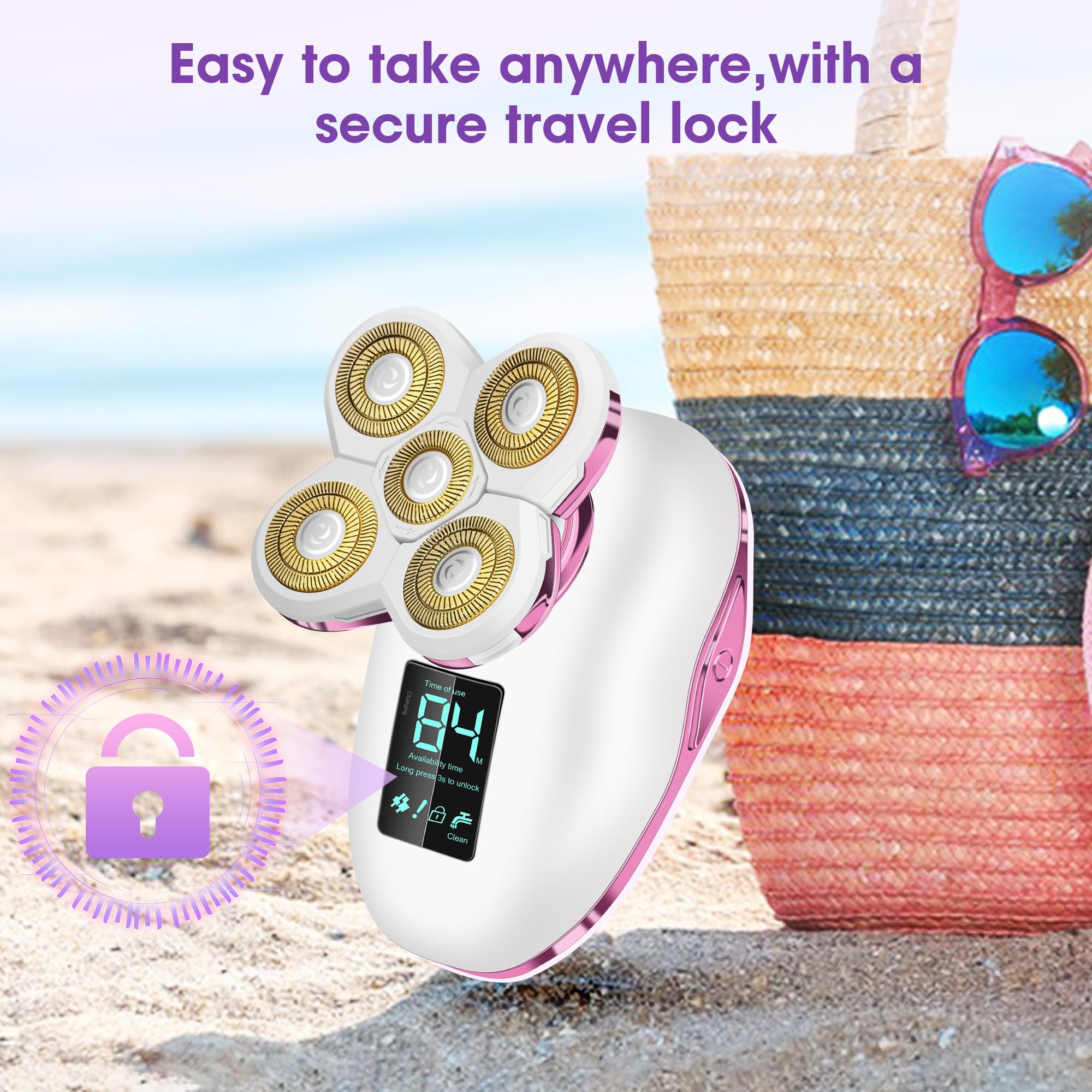 HYEHET pink portable shaver with safety lock, travel-friendly and bag-safe.