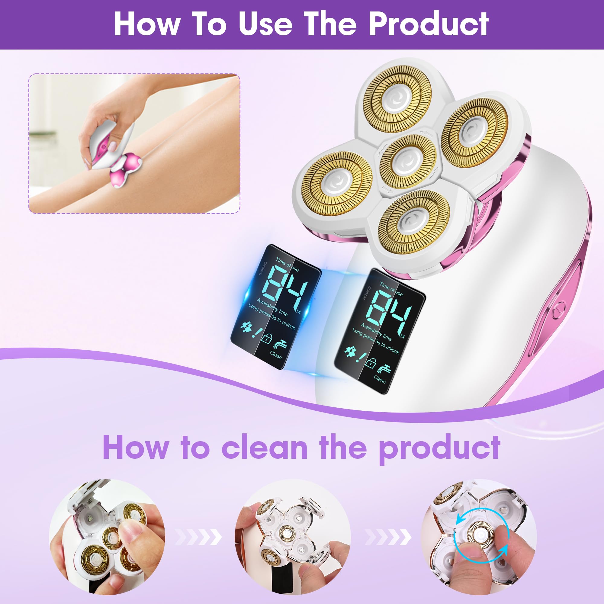 HYEHET wet-dry shaver ideal for legs, arms, and face, versatile personal grooming.