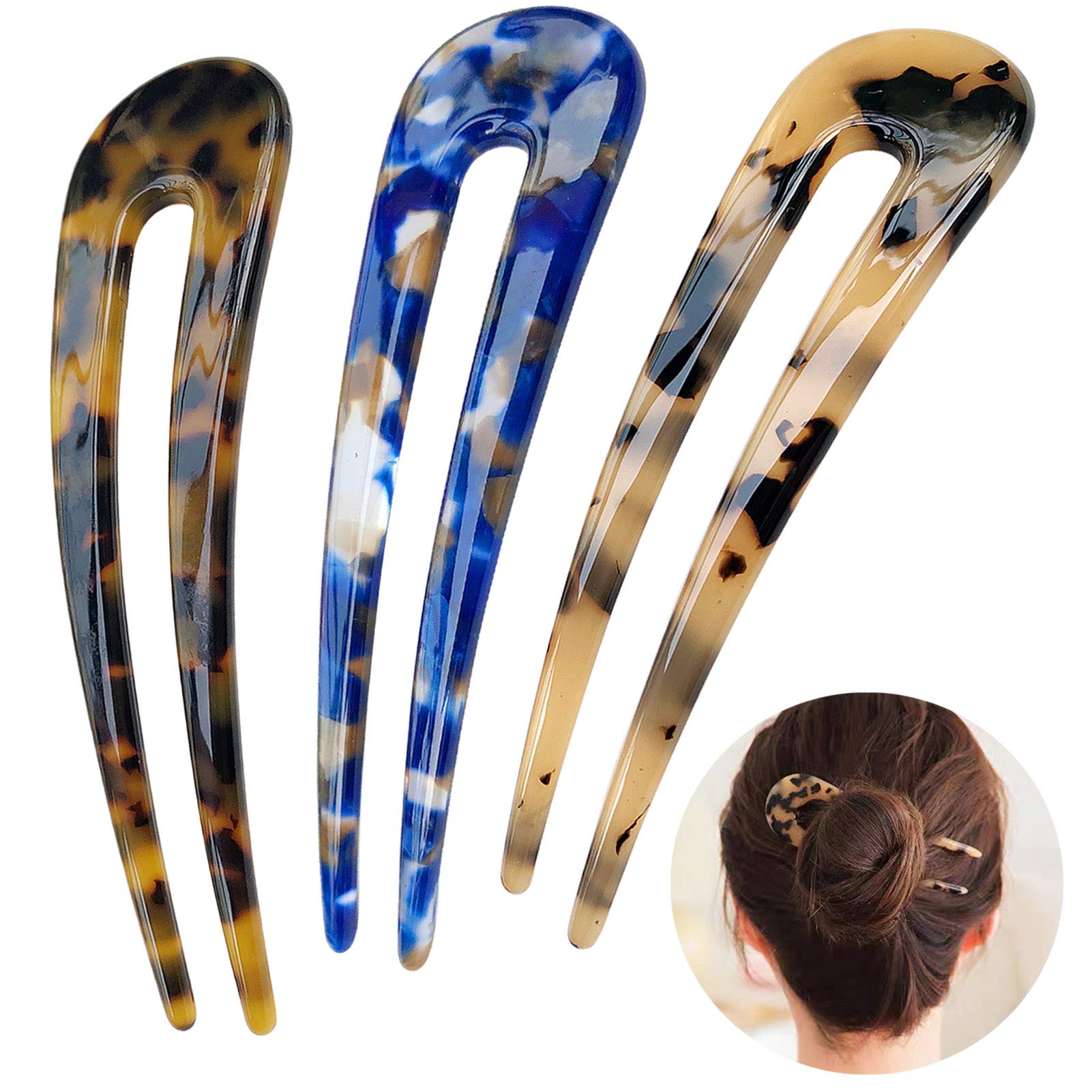 HYFEEL French hair forks in tortoise shell blue provide a smooth, secure hold for updos.