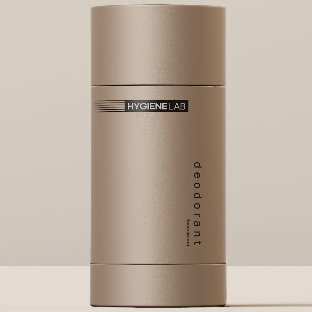 HygieneLab Men’s Deodorant bottle with sandalwood scent and aluminum-free protection for all-day freshness.