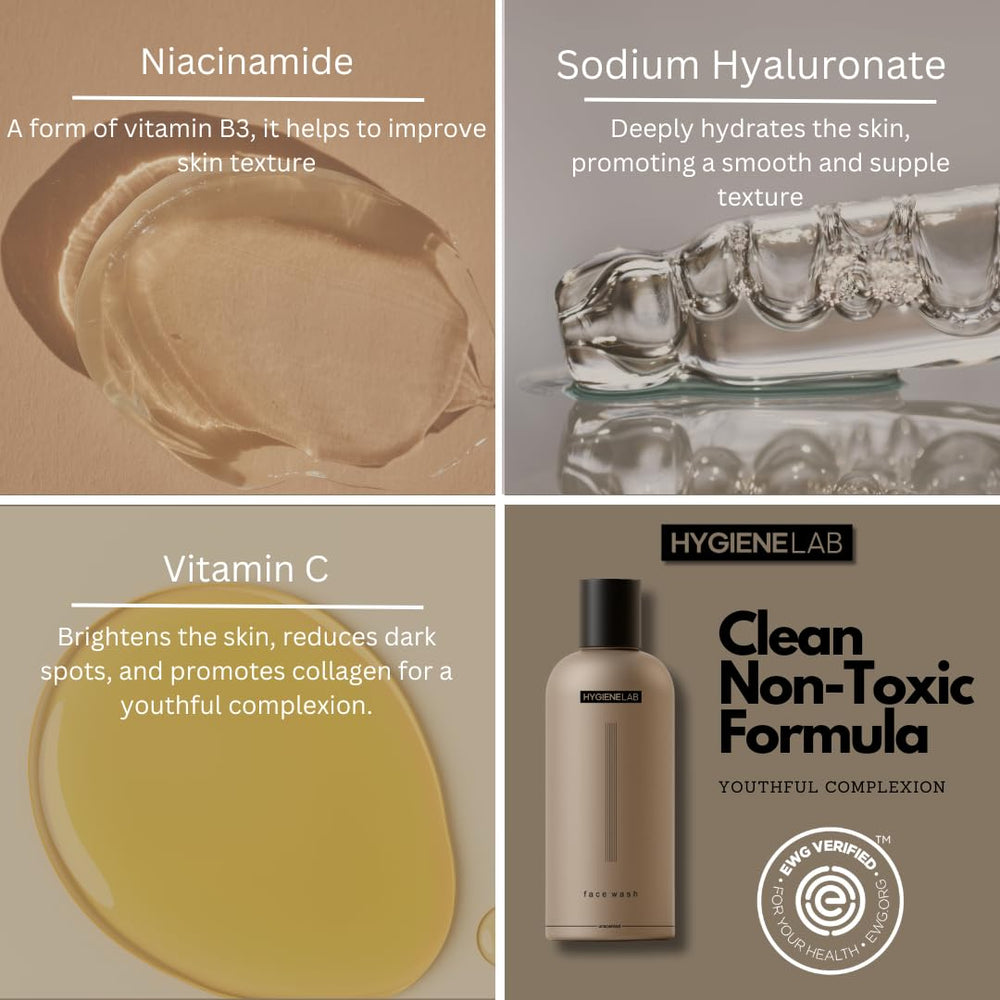 HygieneLab Face Wash hydration swatch demonstrates Aloe and Glycerin benefits.