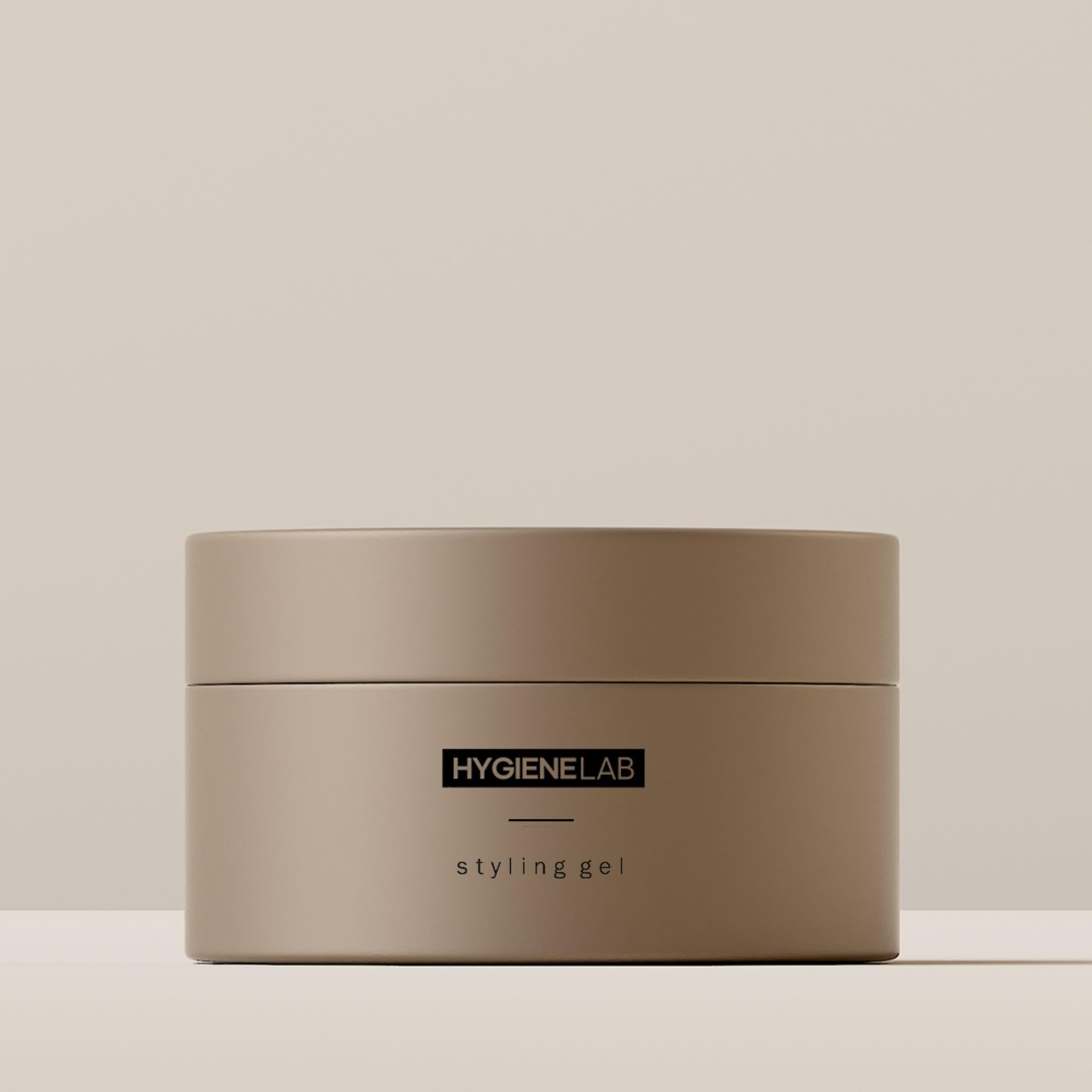 HygieneLab Men's Hair Gel bottle with Cedar Drift scent delivering strong hold and matte finish