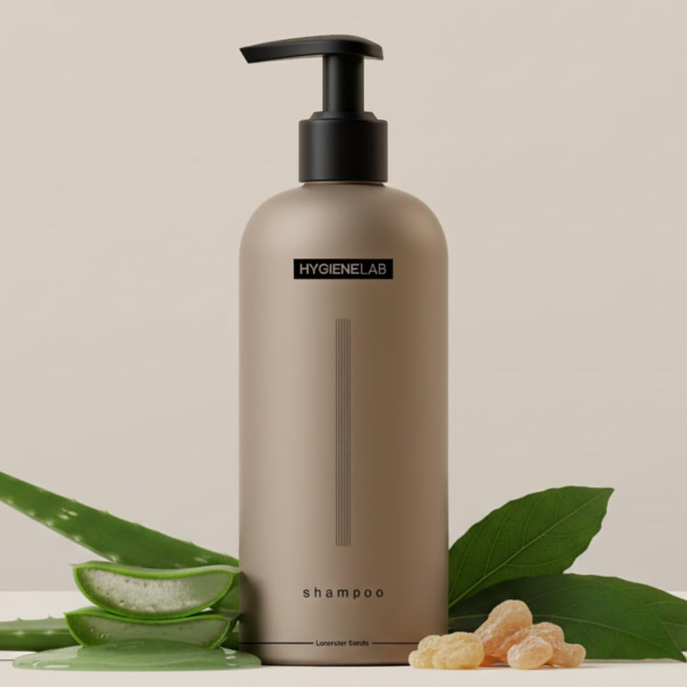 HygieneLab Men's Shampoo bottle front showing a fragrance-free, toxin-free formula for healthy hair.