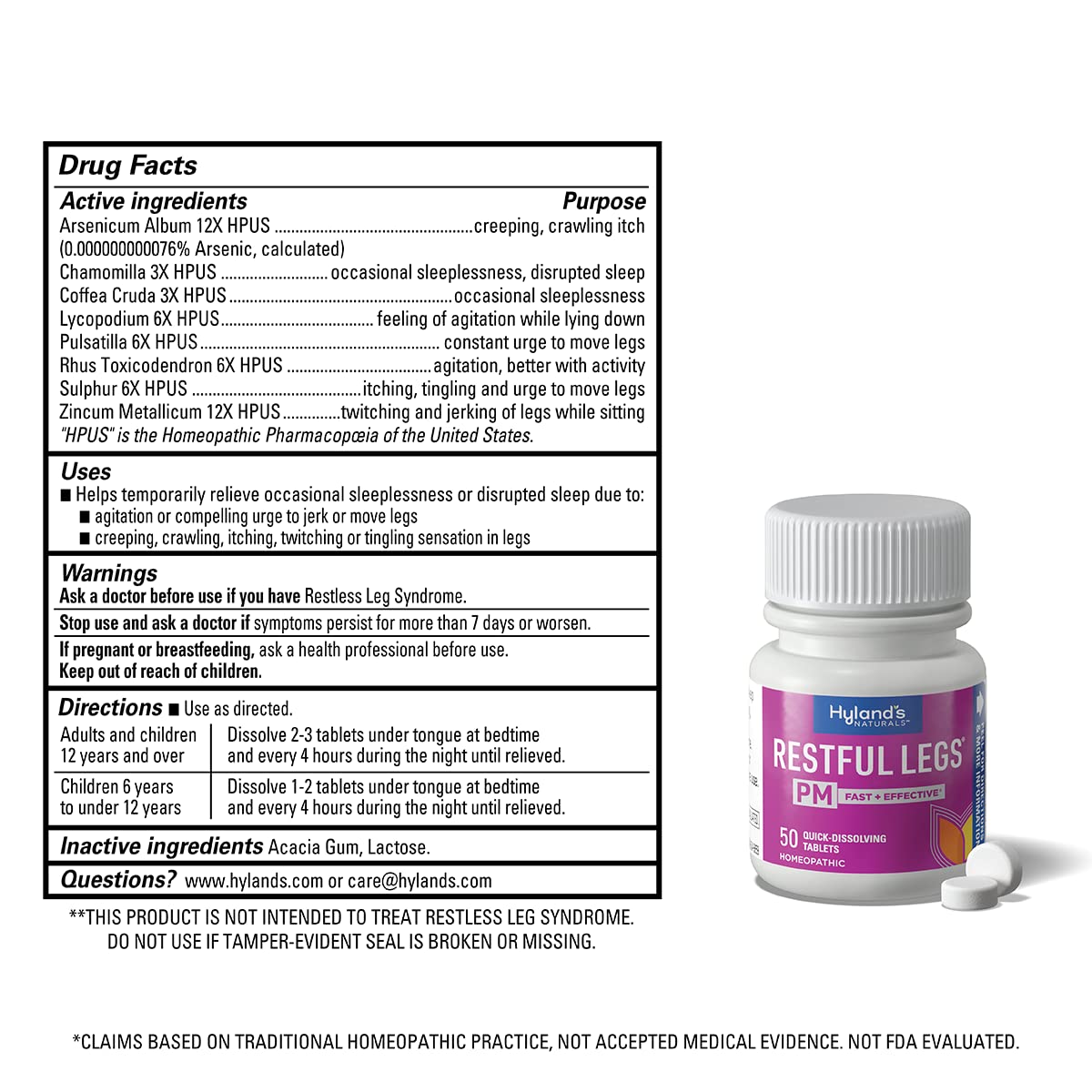 Hyland's Restful Legs PM tablets closeup highlighting quick-dissolving formula for easy use.