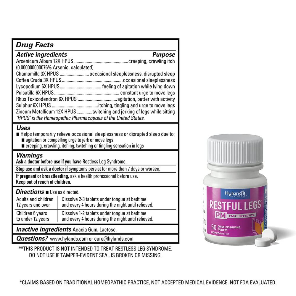 Hyland's Restful Legs PM tablets closeup highlighting quick-dissolving formula for easy use.