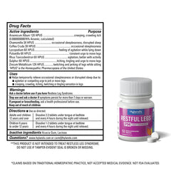 Hyland's Restful Legs PM tablets closeup highlighting quick-dissolving formula for easy use.